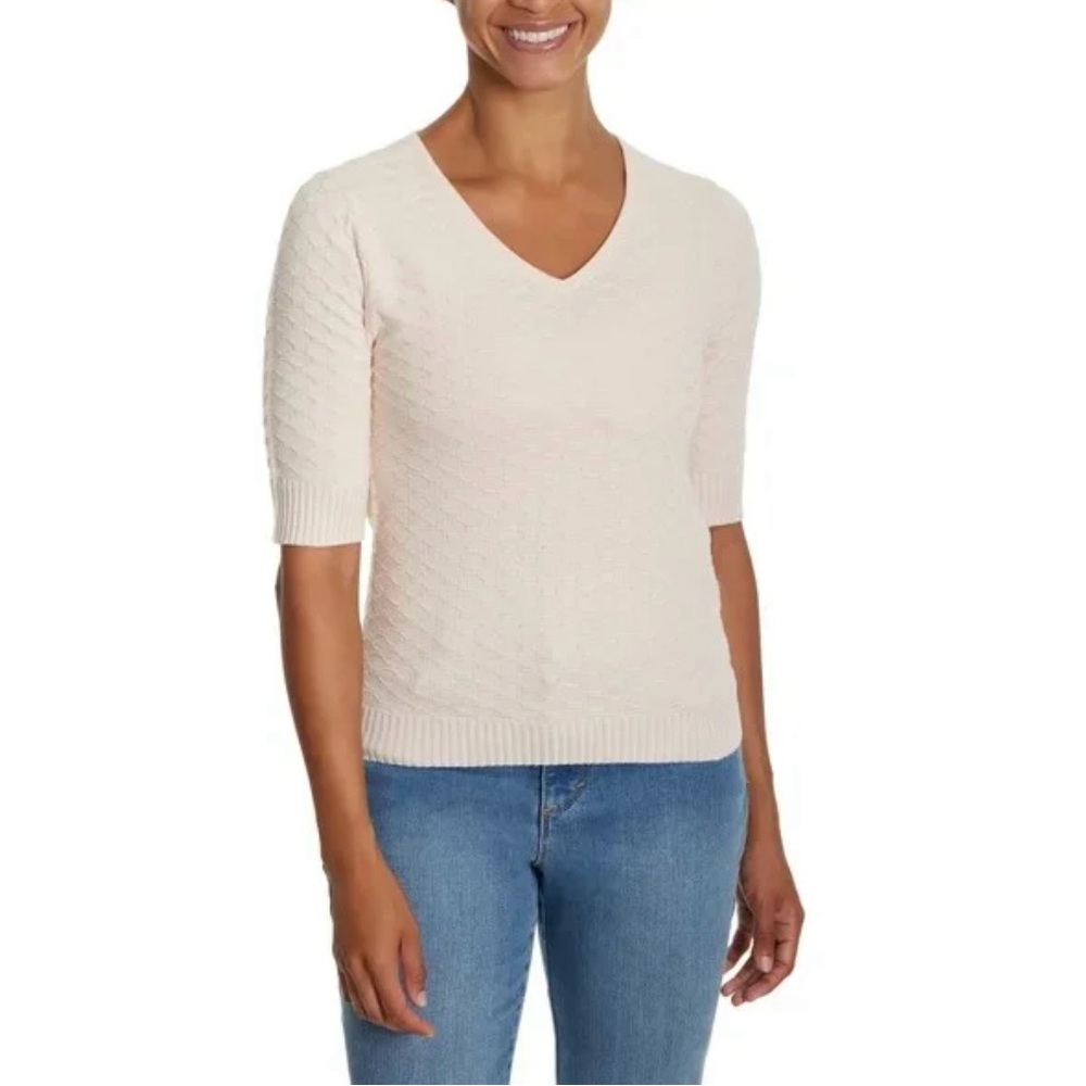 Ella Moss Women's Elbow Sleeve Lightweight V Neck Sweater Cream Size Medium NWT